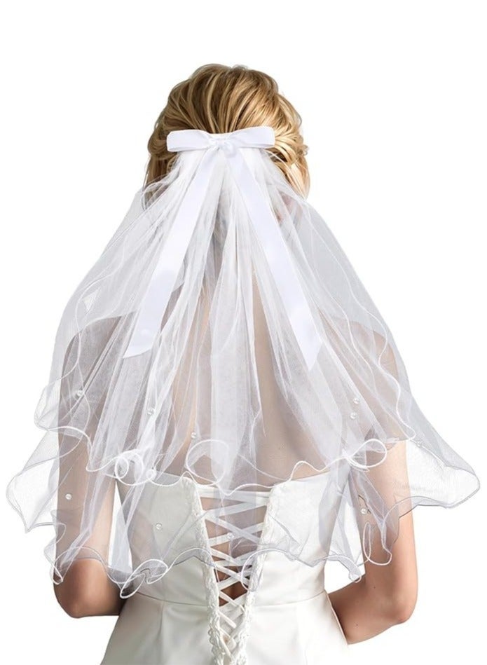 Bridal Wedding Veils, White Tulle Bridal Veil Hair Clip for Women Girls, Elegant Pearls Tulle Bow Veil Headband, Bridesmaid Short Hair Piece Bachelorette Decoration - Image 1